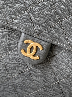 Ch*el 25 medium handbag grained calfskin gold tone metal dk grey as5311