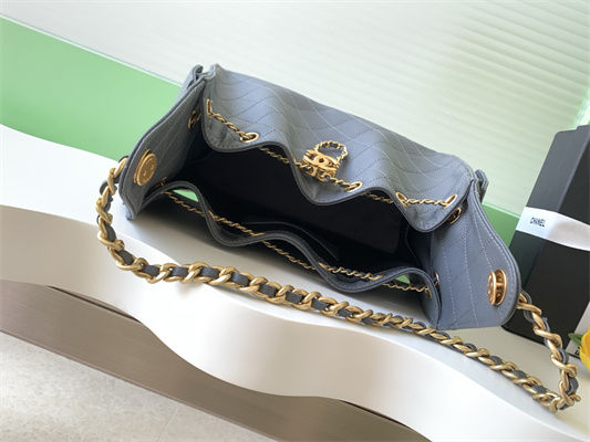 Ch*el 25 small handbag grained calfskin gold tone metal dk grey as5293