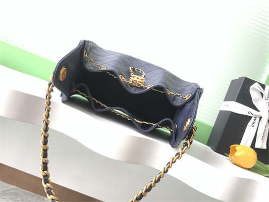 Ch*el 25 small handbag grained calfskin gold tone metal navy as5293