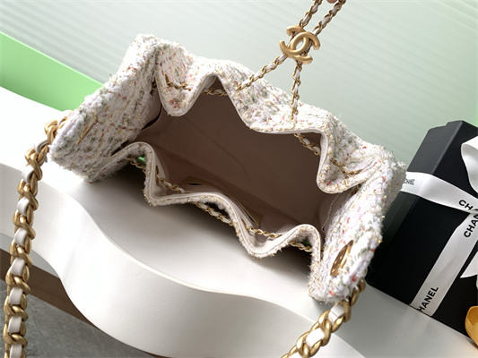 Ch*el 25 small handbag tweed gold tone metal white as5293