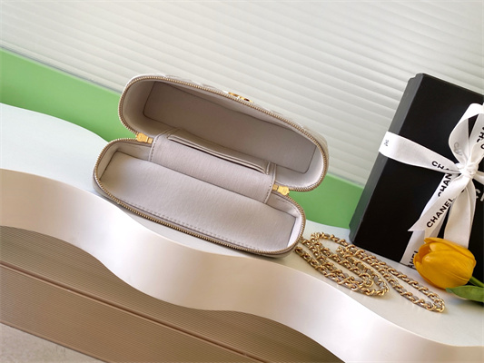 Ch*el vanity with chain shinny lambskin , strass & gold-tone metal light grey ap4804