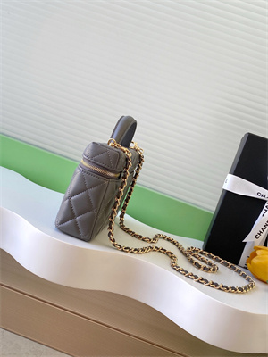 Ch*el vanity with chain shinny lambskin , strass & gold-tone metal dk grey ap4804