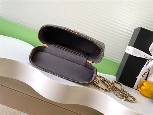 Ch*el vanity with chain shinny lambskin , strass & gold-tone metal dk grey ap4804