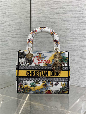 CD Medium Lady D-Lite Bag Embroidery White/Yellow Multicolors
