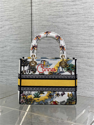 CD Medium Lady D-Lite Bag Embroidery White/Yellow Multicolors