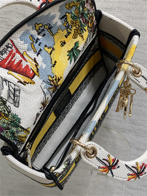 CD Medium Lady D-Lite Bag Embroidery White/Yellow Multicolors