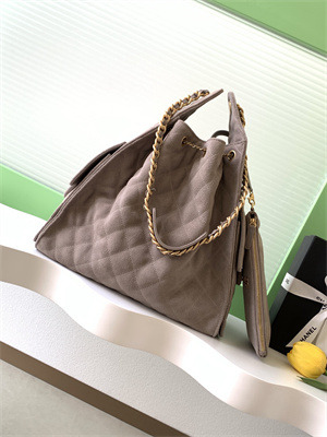 Ch*el 25 medium handbag suede gold tone metal taupe as5311