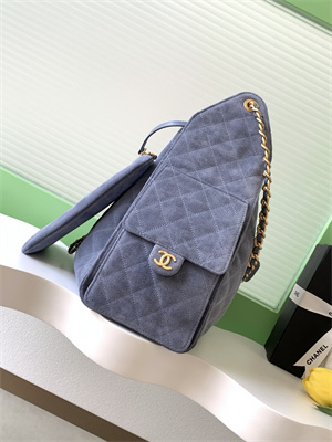 Ch*el 25 medium handbag suede gold tone metal blue as5311
