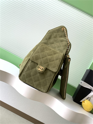 Ch*el 25 medium handbag suede gold tone metal green as5311