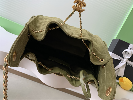 Ch*el 25 medium handbag suede gold tone metal green as5311