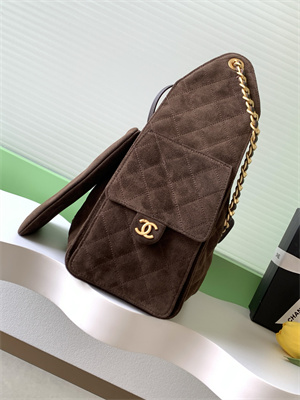 Ch*el 25 medium handbag suede gold tone metal coffee as5311