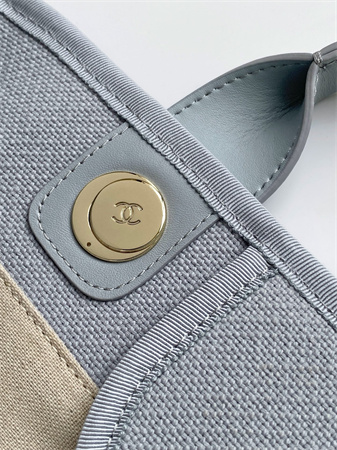 Ch*el deauville large shopping bag mixed fibers gold tone metal lt grey a66941