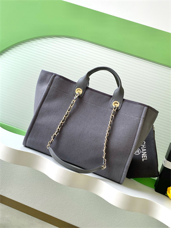 Ch*el deauville large shopping bag mixed fibers gold tone metal grey a66941