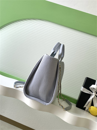 Ch*el deauville small shopping bag mixed fibers gold tone metal lt grey as3257