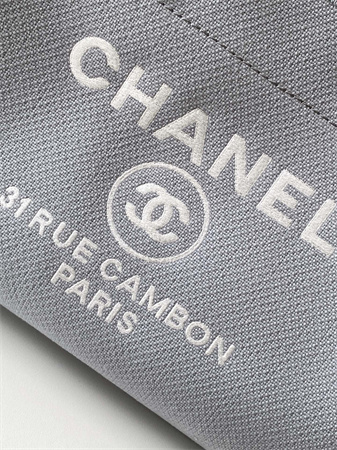 Ch*el deauville small shopping bag mixed fibers gold tone metal lt grey as3257