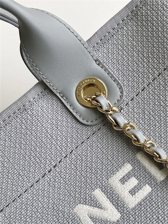 Ch*el deauville small shopping bag mixed fibers gold tone metal lt grey as3257