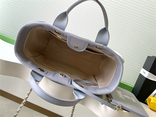 Ch*el deauville small shopping bag mixed fibers gold tone metal lt grey as3257