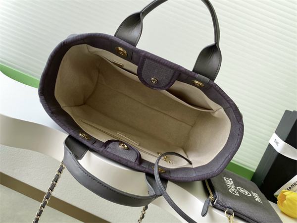 Ch*el deauville small shopping bag mixed fibers gold tone metal grey as3257