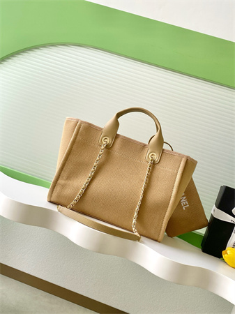 Ch*el deauville small shopping bag mixed fibers gold tone metal dk grey as3257