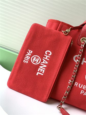 Ch*el deauville small shopping bag mixed fibers gold tone metal red as3257