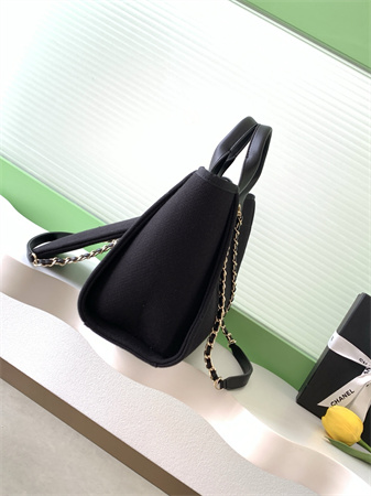 Ch*el deauville small shopping bag mixed fibers gold tone metal black as3257