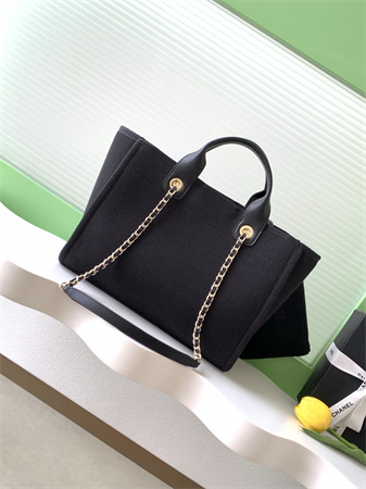 Ch*el deauville small shopping bag mixed fibers gold tone metal black as3257