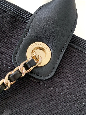 Ch*el deauville small shopping bag mixed fibers gold tone metal black as3257