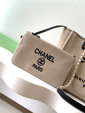 Ch*el deauville small shopping bag mixed fibers gold tone metal beige as3257
