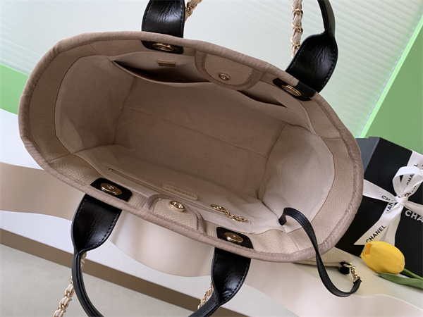 Ch*el deauville small shopping bag mixed fibers gold tone metal beige as3257