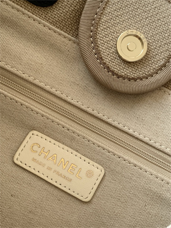 Ch*el deauville small shopping bag mixed fibers gold tone metal beige as3257