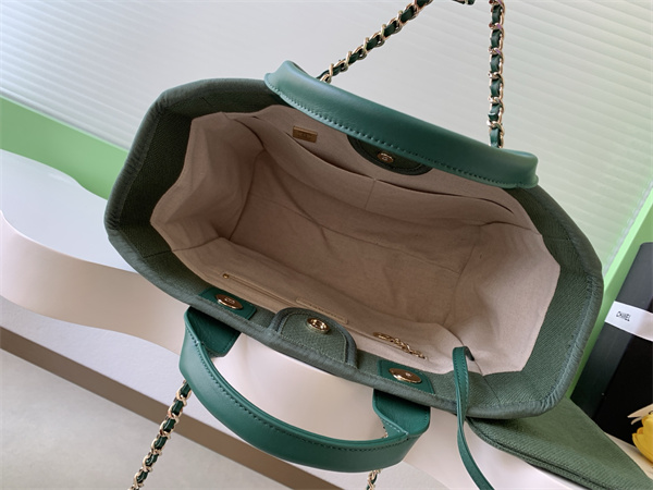 Ch*el deauville small shopping bag mixed fibers gold tone metal green as3257