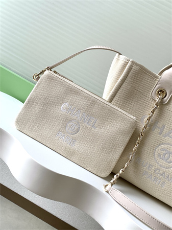 Ch*el deauville small shopping bag mixed fibers gold tone metal as3257