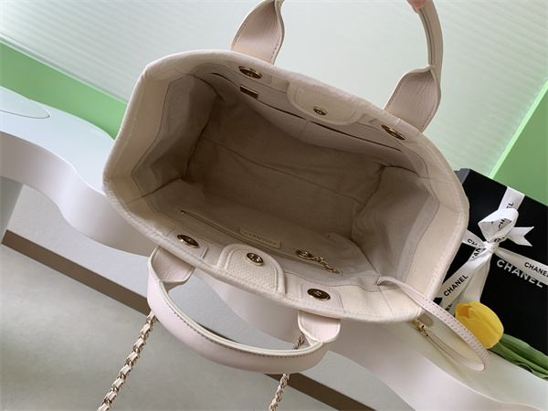 Ch*el deauville small shopping bag mixed fibers gold tone metal as3257